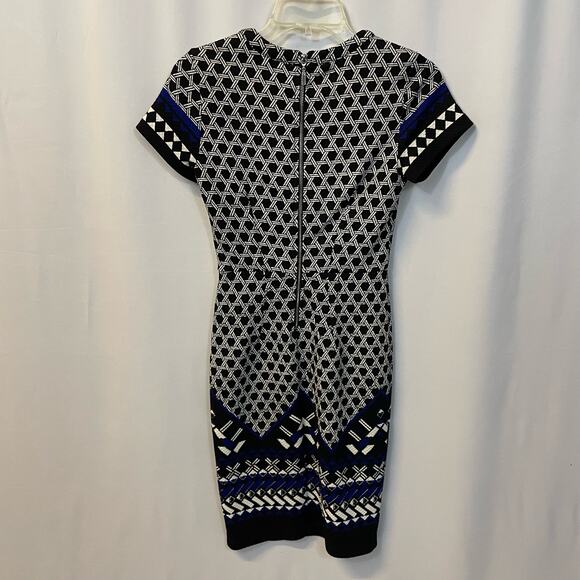 H&M Short Sleeve Exposed Back Zip Patterned Column Dress Workwear Knee Length XS - Picture 2 of 6